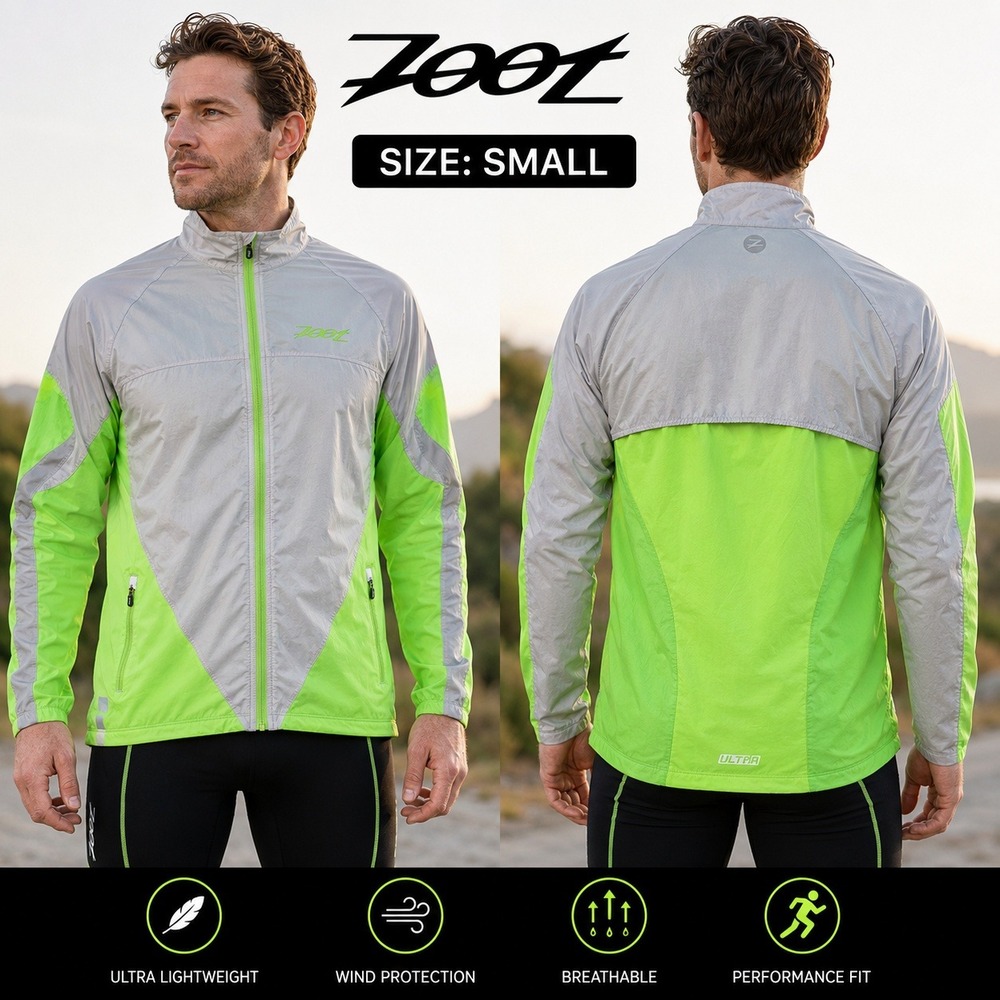 Zoot Ultra Windbreaker Jacket Mens Small Neon Green Silver Running Cycling Zip
